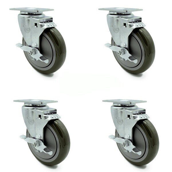 5 Inch Gray Polyurethane Wheel Swivel Top Plate Caster Set with Brake SCC